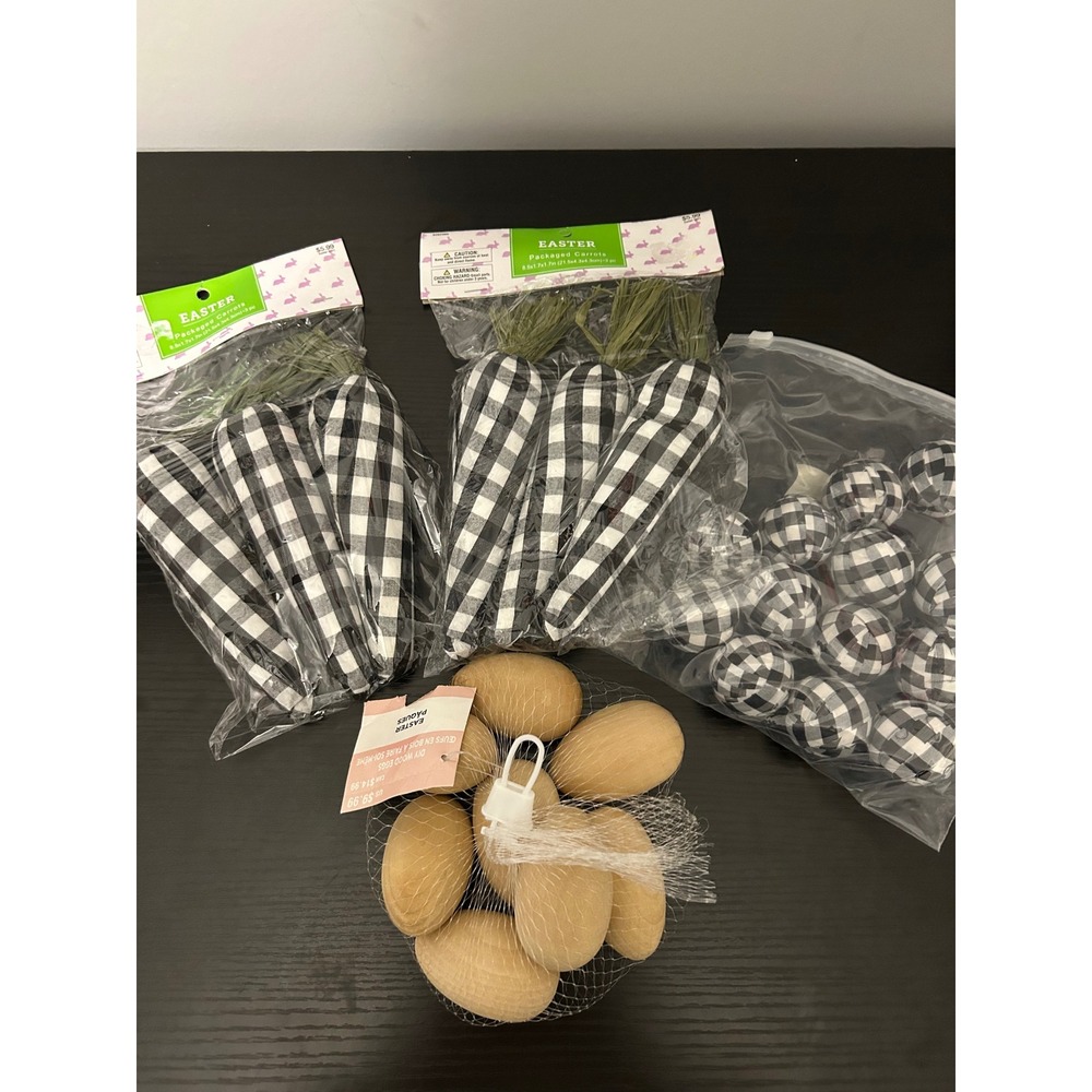 Easter Farmhouse Decor Bundle Buffalo Plaid‎ Carrots Wood Eggs Bowl Fillers